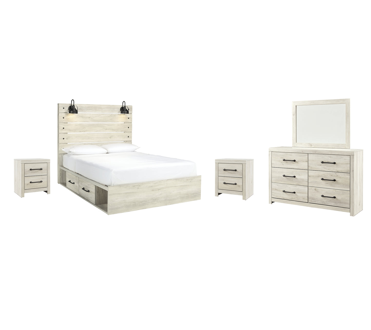 Cambeck  Panel Bed With 2 Storage Drawers With Mirrored Dresser And 2 Nightstands